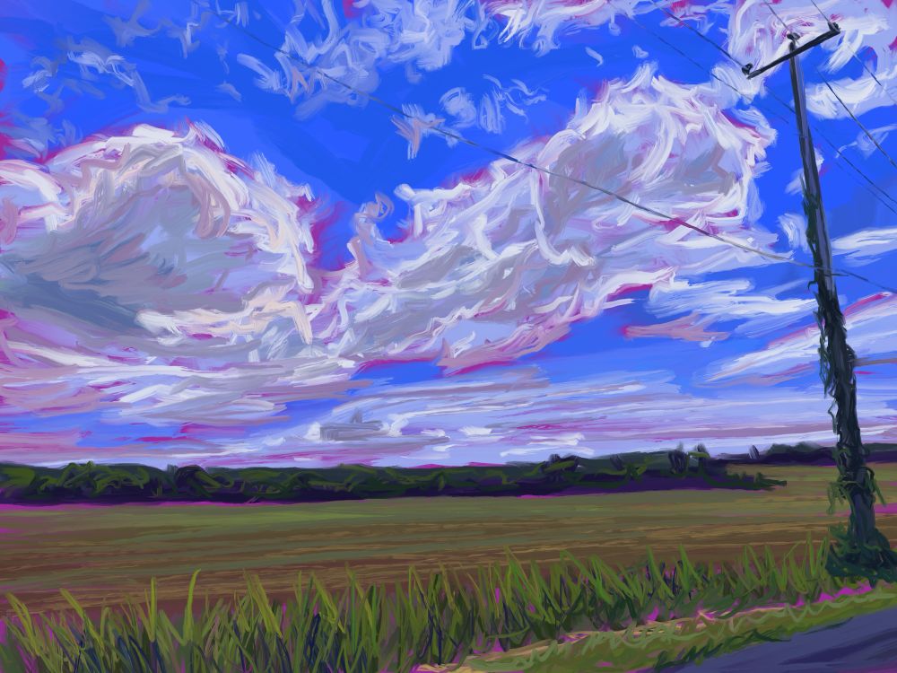 You see a digital painting of a farm field under a large sky of fluffy white clouds. The colors are deeply saturated. At an angle of powerline crosses in the foreground.