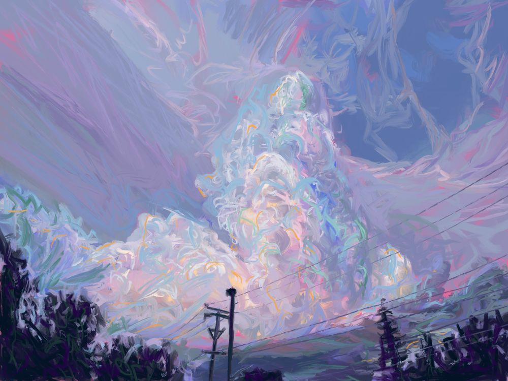We see a digital painting of a large storm cloud. Along the bottom of the screen, we see treetops and powerlines. ￼ the cloud is colorful with light pink all over and flecks  of other colors throughout.
