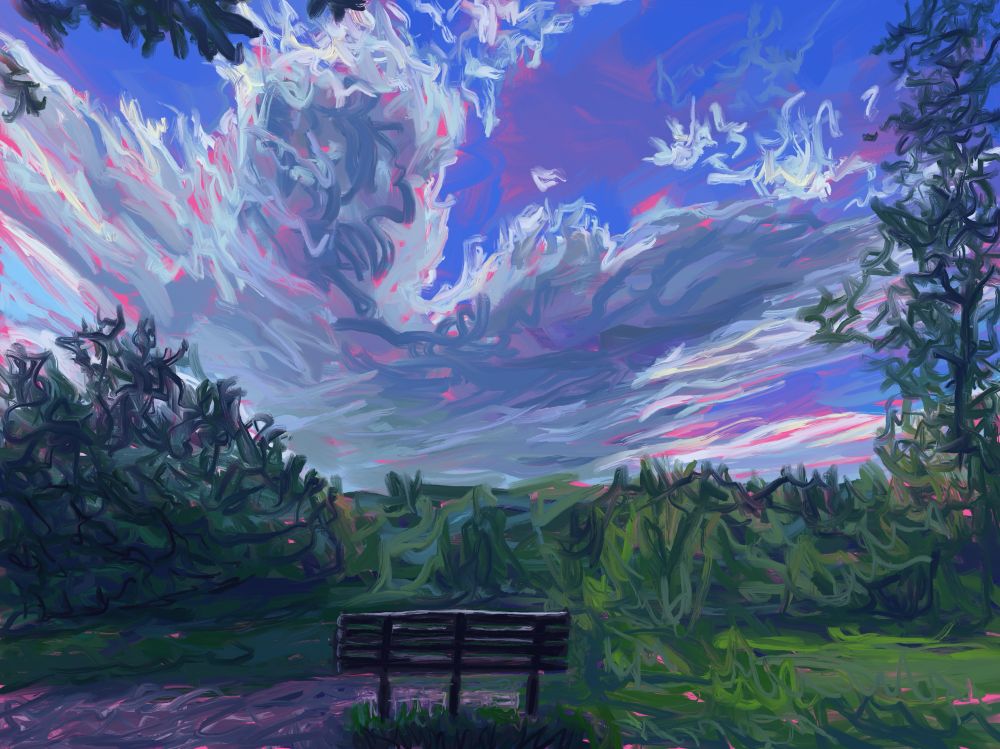 We see a digital painting of a large cloud across the top of the screen. Along the bottom of the screen, we see lush green foliage. In the center bottom of the screen, we see a bench facing out at the sky. 
