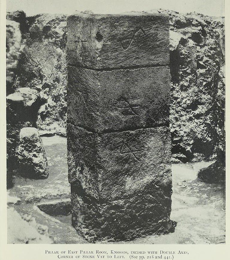 Pillar at Knossos showing "opening" signs (double axes) in Linear A.