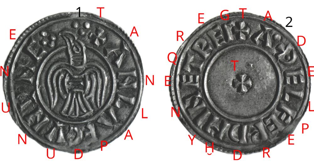 York Raven Penny. The left image is that of a raven which is associated with the Druid goddess Kate/Hekate as implied in the text. The right image is of the letter "T" meaning "astrology-magic" which is the main theme of the coin. The runic text style is approaching that of the Codex Runicus

Translation
1. Astrology-magic's considerations (focused emotions of emotion magic) are lacking the veiled-one (Kate/Hekate).  Life-Manifestations and revelations of respect are (thus) ineffective.
2. Manifestations of the high-life-powers are from opening-up the harbor (sky-shell). Manifest Hu. The Moon-Eye (astrology-magic source god Su) is making ineffective the life-threads. Eagle-vultures can neglect astrology-magic's results.