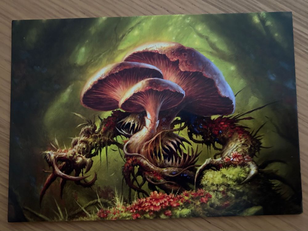 A postcard depicting a very vicious looking fungal creature from the card game Magic: The Gathering