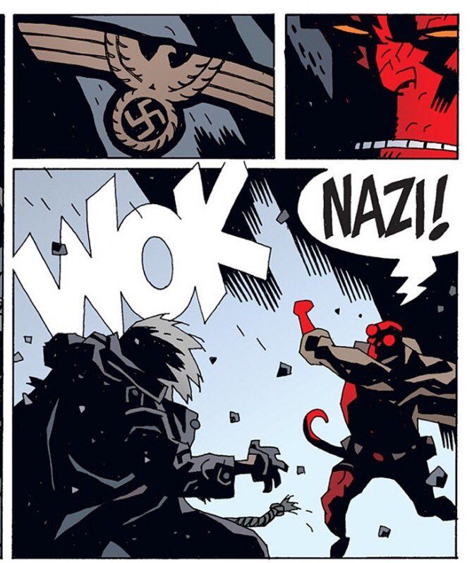 A strip from the Hellboy comic where the titular character pinches a Nazi with a WOK onomatopoeia 