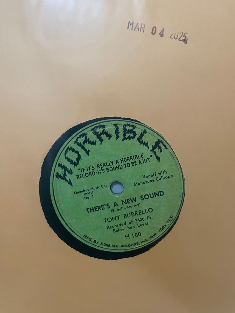 Photo of the label to the 78 rpm release of Tony Burrello’s novelty hit “There’s A New Sound”