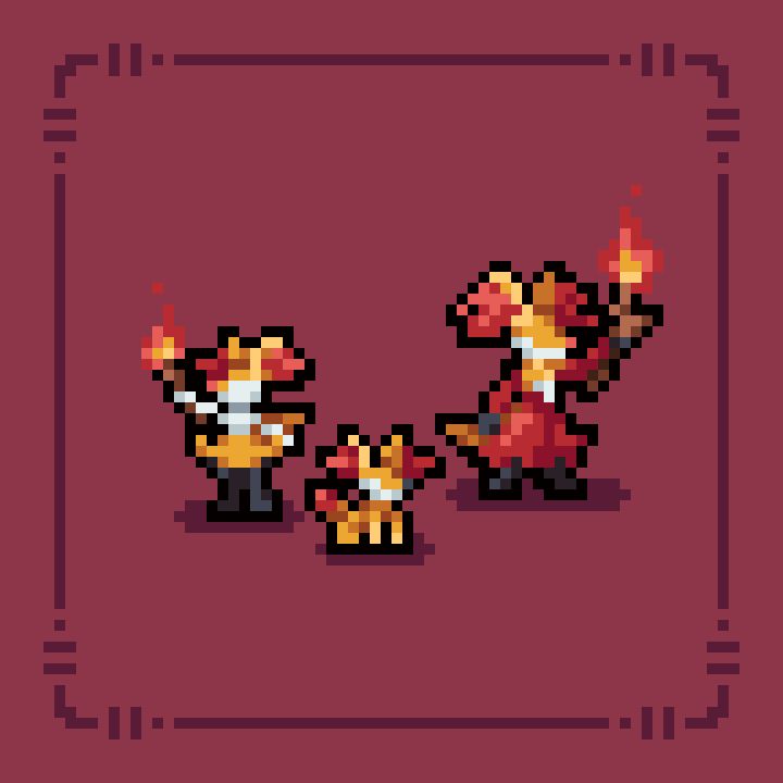 Pixel art showing Fennekin, Braixen and Delphox from Pokémon, but in the style of Celeste.