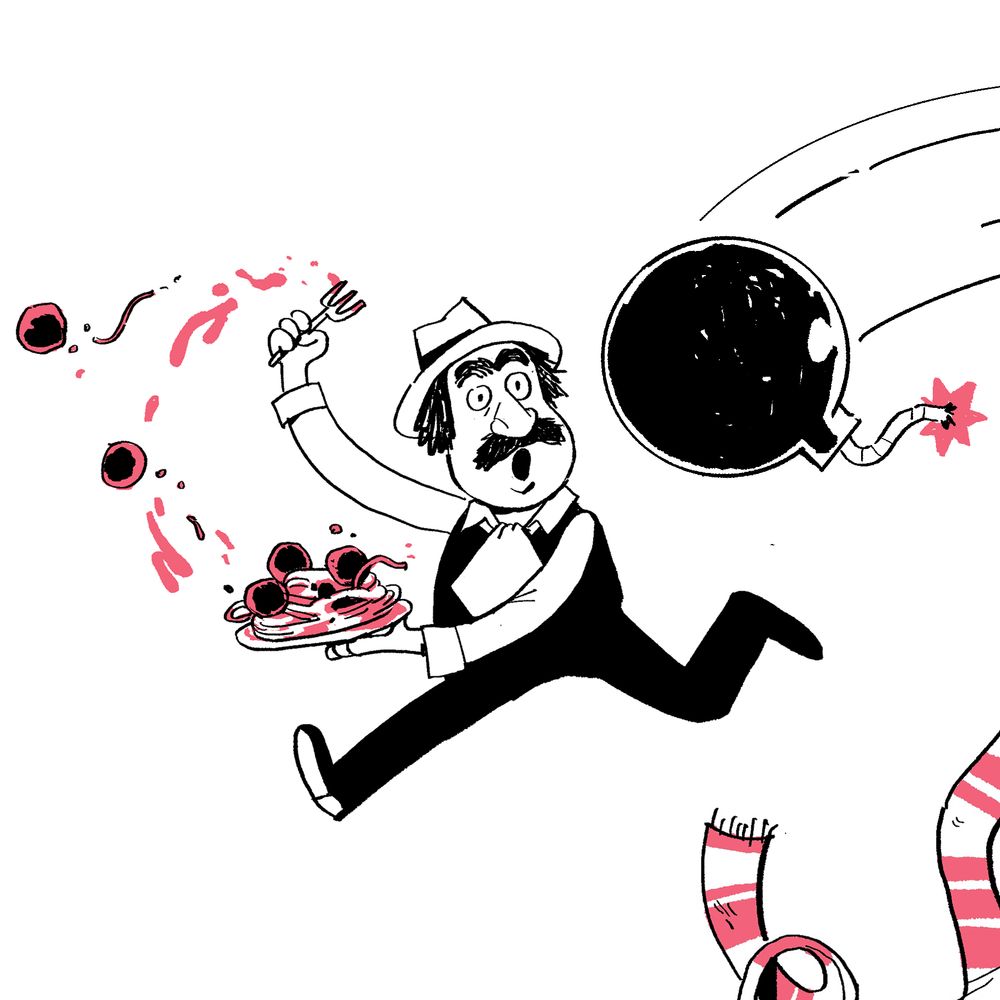 Danger Mouse's bomb flies towards Papa Dolmio as he leaps through the air tossing meatballs — he looks at the bomb with a shocked expression as if to say "that's a spicey meat-a-ball!"
