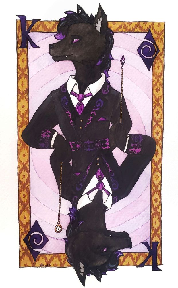 Luce depicted on a playing card format, as the king of diamonds, on one half holding a pocket watch and looking in the distance, on the other, a jewelled pendant while looking to the viewer.