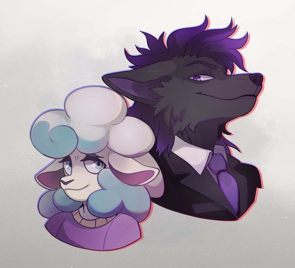 Twin busts of Eli the sheep and Luce the wolf side by side, Eli giving a cute sleepy smile and Luce giving a slightly devious smirk