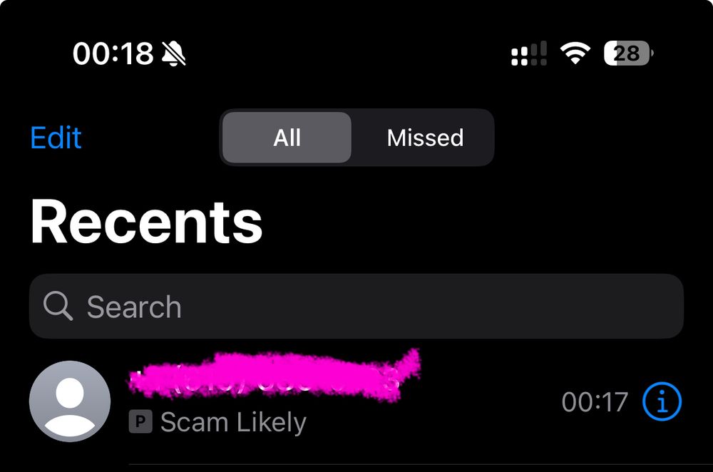 A screenshot of a recent call on iOS that names the caller as “scam likely”