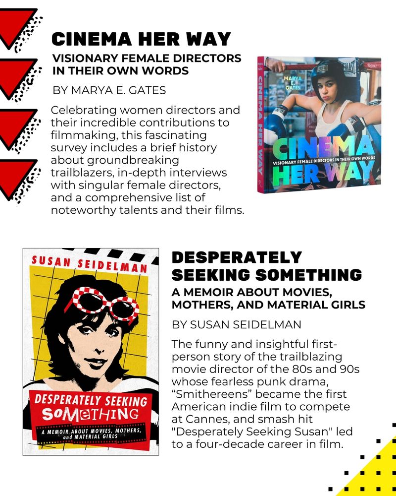 Promotional graphic featuring two books: "Cinema Her Way" about female directors, and "Desperately Seeking Something," a memoir by Susan Seidelman. Includes cover images and brief descriptions.