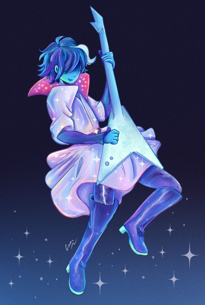 fanart (by me!!!) of kris rocking out on guitar in their new outfit from the NEW deltarune chapter 3 and 4 trailer