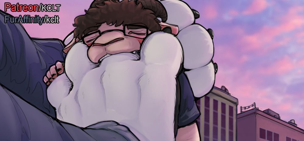 A preview image of a ram boy (Kassy) trying his best to take in all of a large dogs (Kace) toes into his mouth. The ram is struggling to fit even one of them in, but is clearly blushing at the attempt. The back of his head is supported by the dogs other paw. The background is a sunset sky and several buildings, indicating both the ram and the dog are quite large in size themselves.
