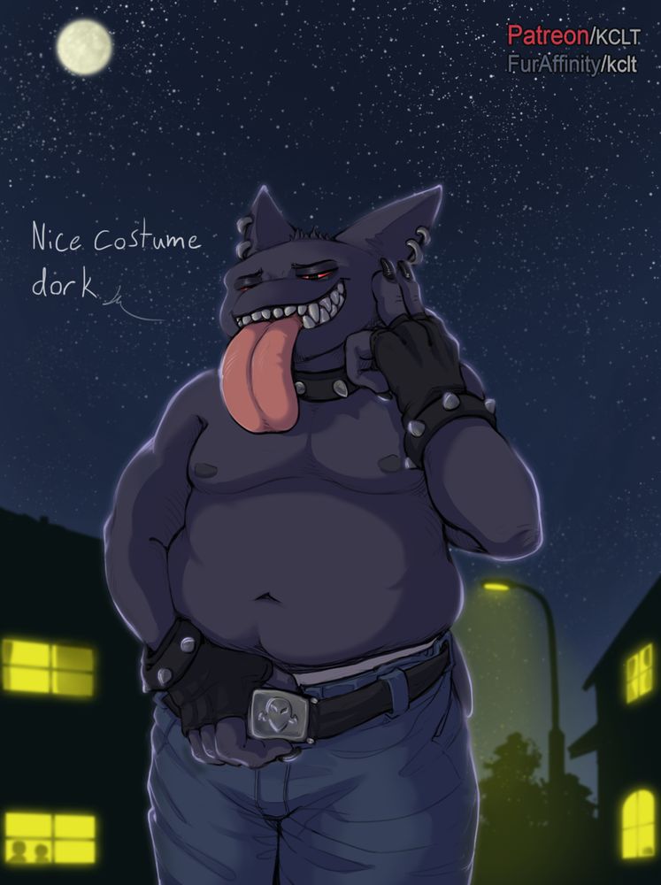 The third panel depicts an oversized, taller-than-buildings, topless anthro Gengar guy with fingerless gloves, spiked bracelets, and ring ear piercings. Standing in front of a starry night sky and eerily lit house windows, they're left fiddling with their black, big-buckled belt - an item which is stretched over the front of a taut, equally oversized, heavyweight gut. They're looking down at the flattened Ghostbuster underfoot with a toothy, devious grin, and a remark that reads "Nice costume, dork."

Special thanks to Hypo for the alt text