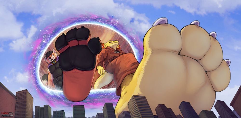 Image of a yellow anthropomorphic axolotl and red panda stepping through a swirling magical portal onto a unsuspecting modern city. It is a low angle looking up at the two as their paws full the frame, stepping down. They are both wearing fantasy style jewelry, the axolotl in robes, the red panda in just a cape. The background inside of the portal is of a fantasy styled library, while the modern landscape has a blue sky.