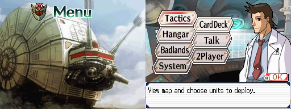 A split screen video game screenshot. On the left half is a giant mechanical snail. On the right is a series of menus and a man in a lab coat.