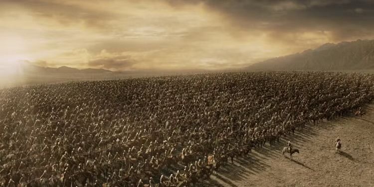 Scene from Lord of the Rings. The Rohirrim at the Battle of the Pelennor Fields preparing to charge an orc army sieging Minas Tirith