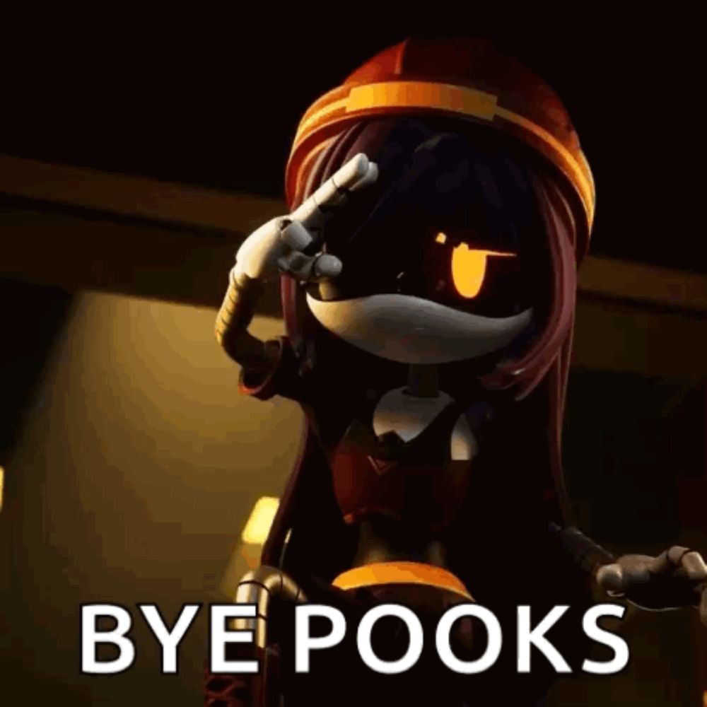 a cartoon character says bye pooks while waving her hand