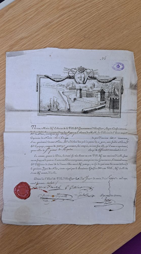 Bill of health in French, for a ship leaving Honfleur, with an engaging of the port at the top