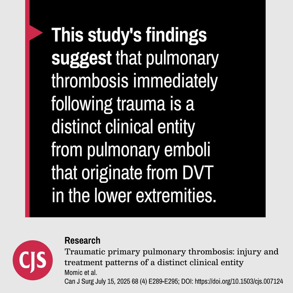 This study's findings suggest that pulmonary thrombosis immediately following trauma is a distinct clinical entity from pulmonary emboli that originate from DVT in the lower extremities.

Research
Traumatic primary pulmonary thrombosis: injury and treatment patterns of a distinct clinical entity
Momic et al.
Can J Surg July 15, 2025 68 (4) E289-E295; DOI: https://doi.org/10.1503/cjs.007124