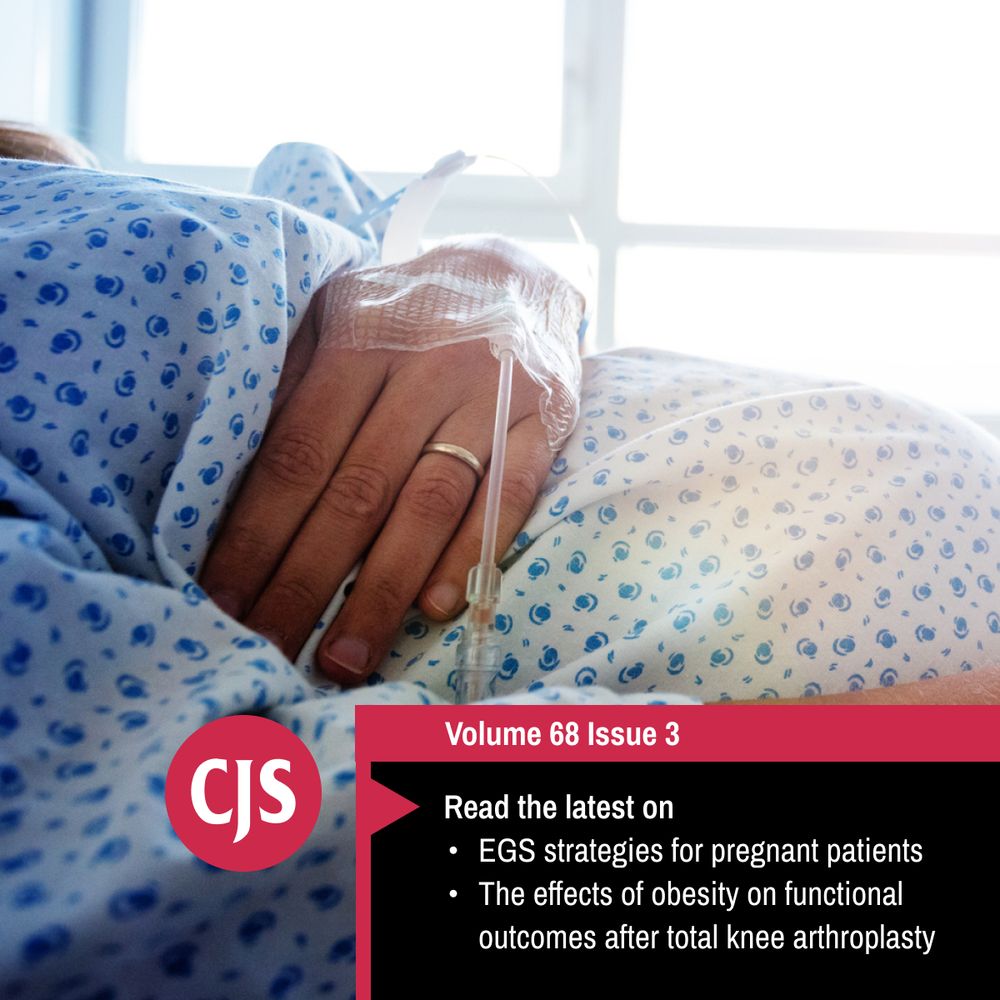 Text: New articles on EGS strategies for pregnant patients, and the effects of obesity on functional outcomes after TKA in Volume 68, Issue 3 of the CJS.
Image: Pregnant person in a hospital bed with a catheter in hand.