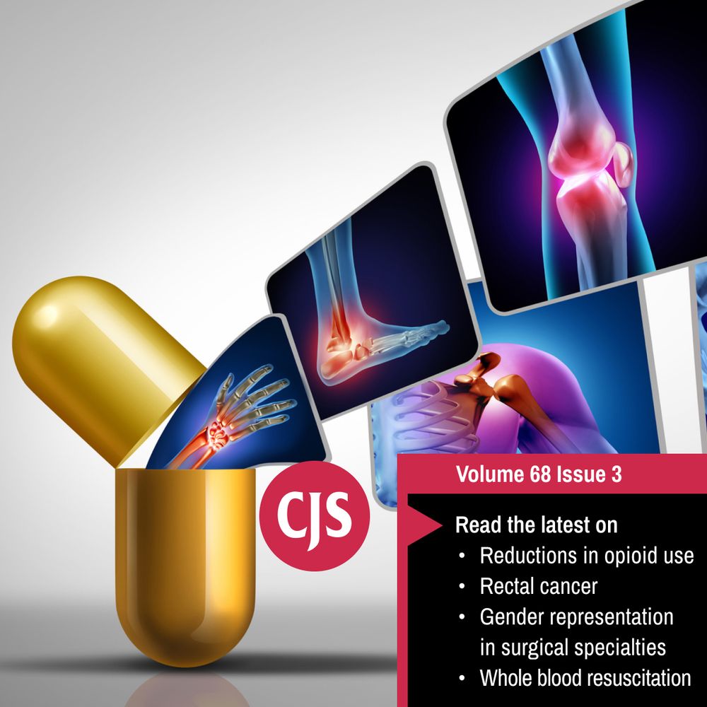 Text: New articles on opioids, rectal cancer, gender representation, and whole blood resuscitation in Volume 68, Issue 3 of the CJS.

Image: Illustration showing an open pain pill capsule, from which flow x-ray images showing pain points from various orthopedic injuries of the wrist, ankle, shoulder, knee, hip and spine.