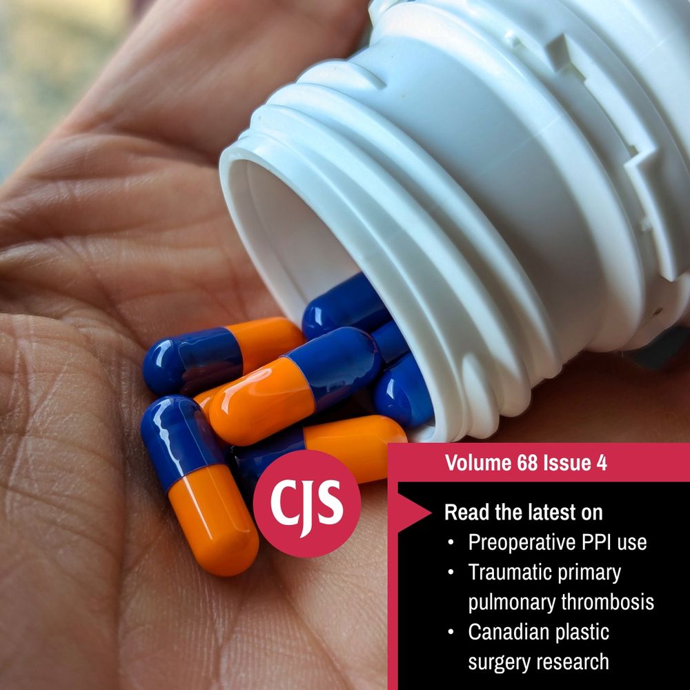 Volume 68, Issue 4. 
Read the latest on
- Preoperative PPI use
- Traumatic primary pulmonary thrombosis
- Canadian plastic surgery research.
Image: Omeprazole (a common proton pump inhibitor) pills spilling from prescription bottle into the palm of a hand.