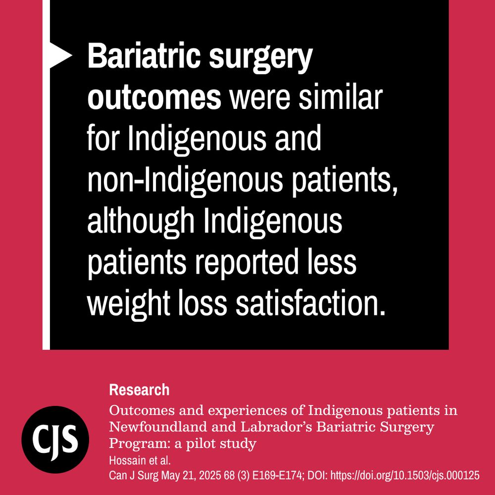 Bariatric surgery outcomes were similar for Indigenous and non-Indigenous patients, although Indigenous patients reported less weight loss satisfaction.

Research
Outcomes and experiences of Indigenous patients in Newfoundland and Labrador’s Bariatric Surgery Program: a pilot study.
Hossain et al.
Can J Surg May 21, 2025 68 (3) E169-E174; DOI: https://doi.org/10.1503/cjs.000125
