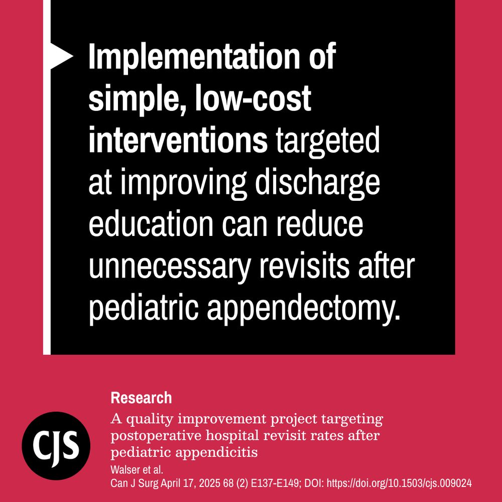 Implementation of simple, low-cost interventions targeted at improving discharge education can reduce unnecessary revisits after pediatric appendectomy.
Research: 
A quality improvement project targeting postoperative hospital revisit rates after pediatric appendicitis.
Walser et al.
Can J Surg April 17, 2025 68 (2) E137-E149; DOI: https://doi.org/10.1503/cjs.009024