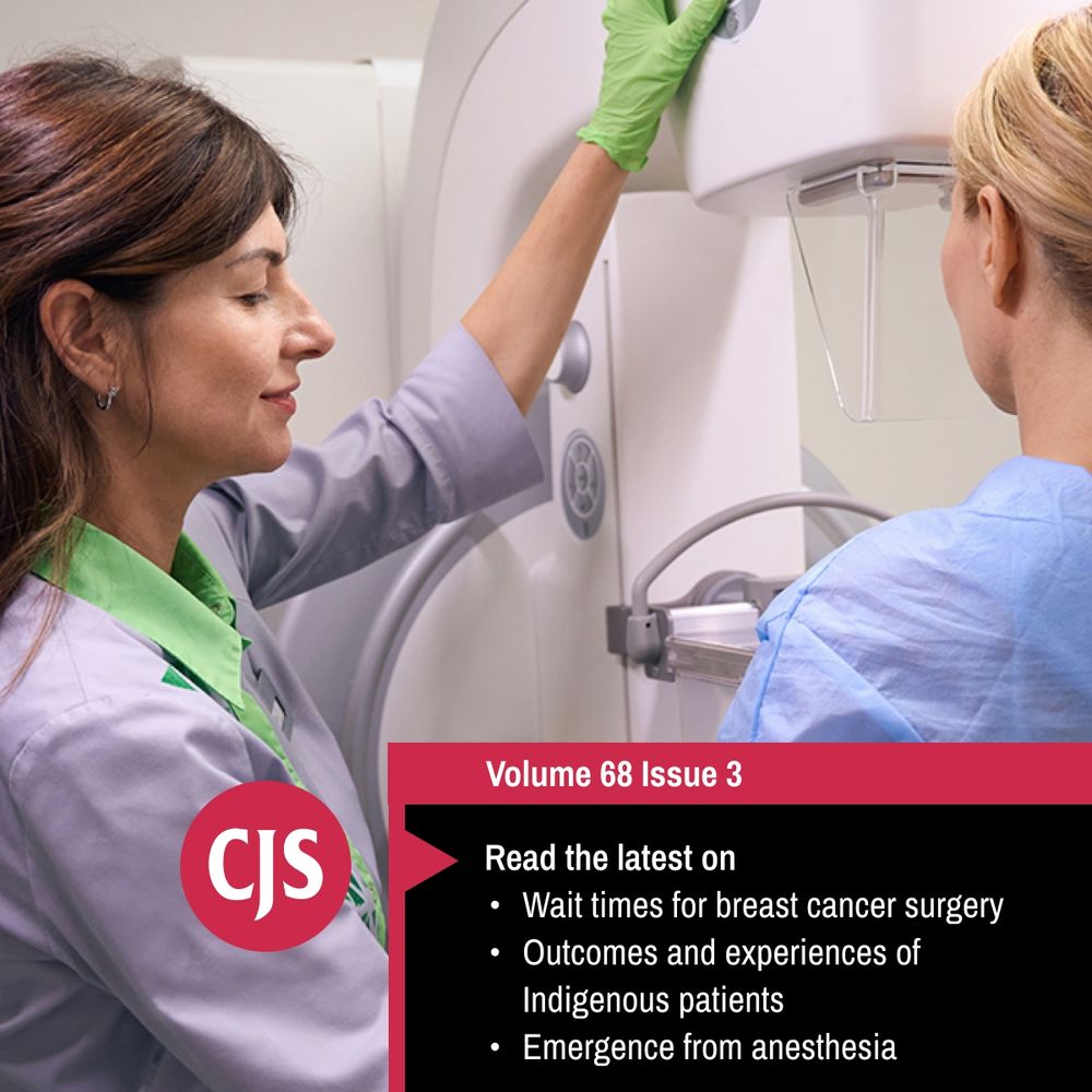 Text: New articles on wait times for breast cancer surgery, outcomes and experiences of Indigenous patients, and emergence from anesthesia in Volume 68, Issue 3 of the CJS.
Image: Radiology technician operating control panel on a mammography machine, positioning the compression paddle against a patient’s chest wall.