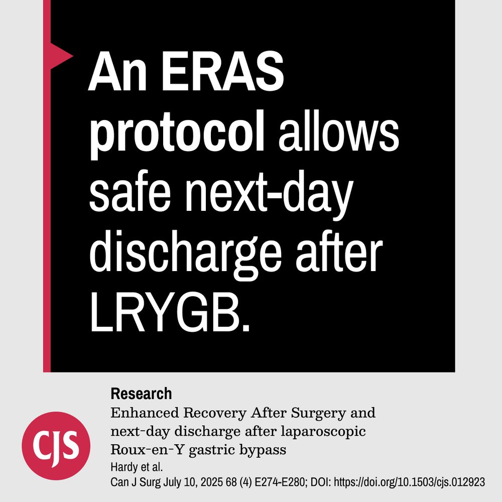 An ERAS protocol allows safe next-day discharge after LRYGB.

Research
Enhanced Recovery After Surgery and next-day discharge after laparoscopic Roux-en-Y gastric bypass
Hardy et al.
Can J Surg July 10, 2025 68 (4) E274-E280; DOI: https://doi.org/10.1503/cjs.012923