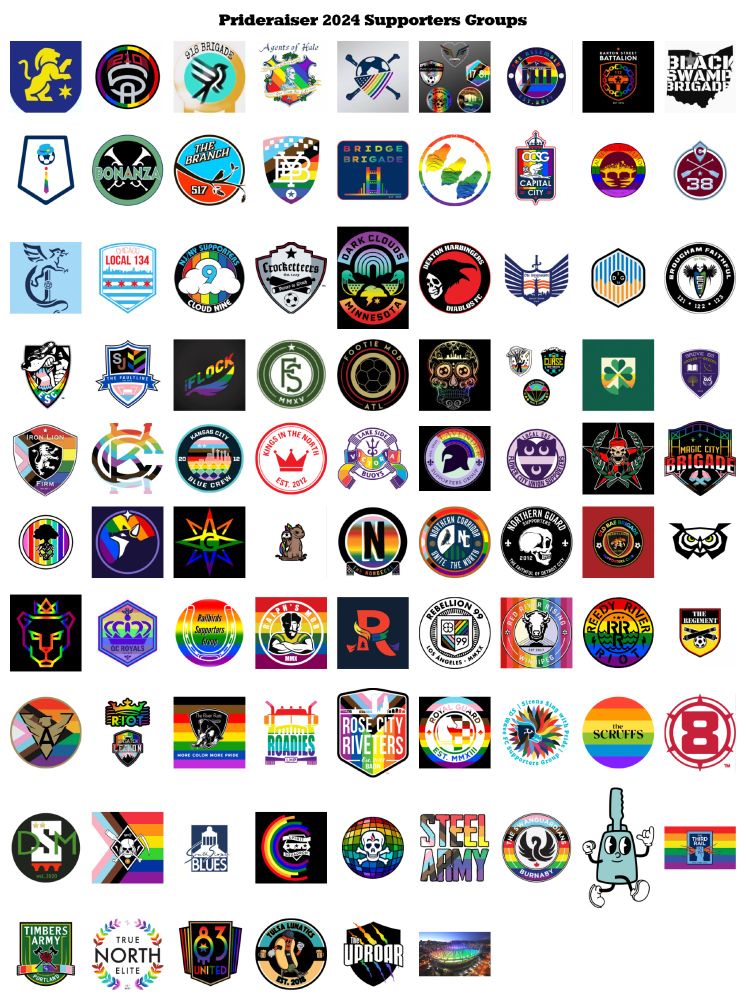 A collage of 95 supporter group logos participarting in Prideraiser 2024