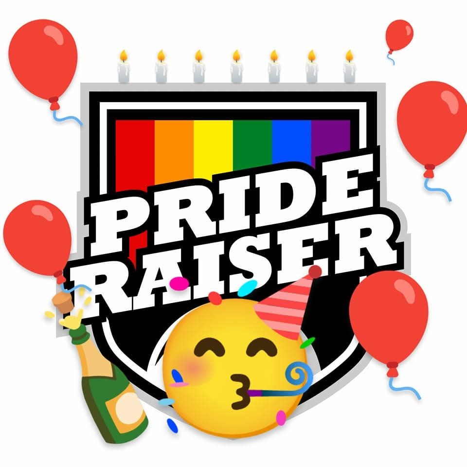 Prideraiser logo, overlaid with a tacky assortment of emoji and clip art