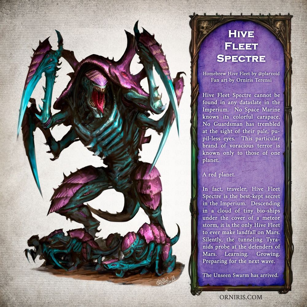 Artistic renderings of the beasts described in the other pictures accompany a gothic-bordered text box with a narrative description of Hive Fleet Spectre.