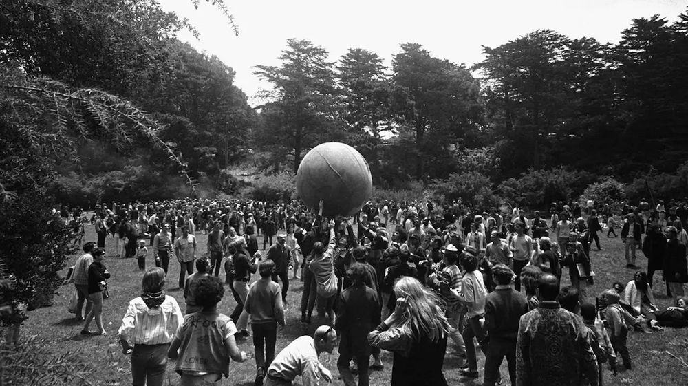 Crowds in a park in San Francisco - the launch of the Summer of Love in 1967