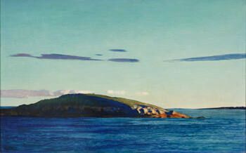 Painting of a small sloping rocky island in a blue sea https://nationalacademy.emuseum.com/objects/67/blubber-island-maine