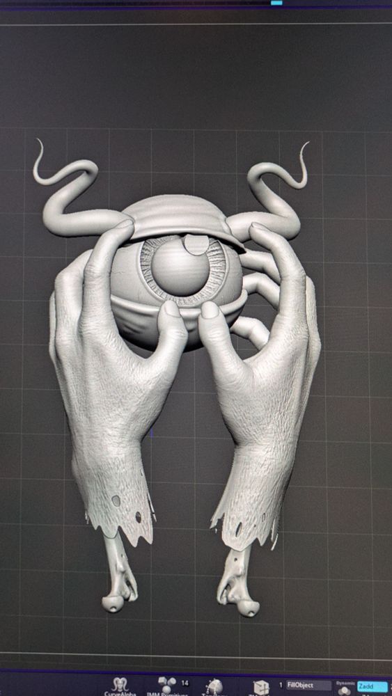 A zbrush sculpt of two hands holding an eyeball with horns 