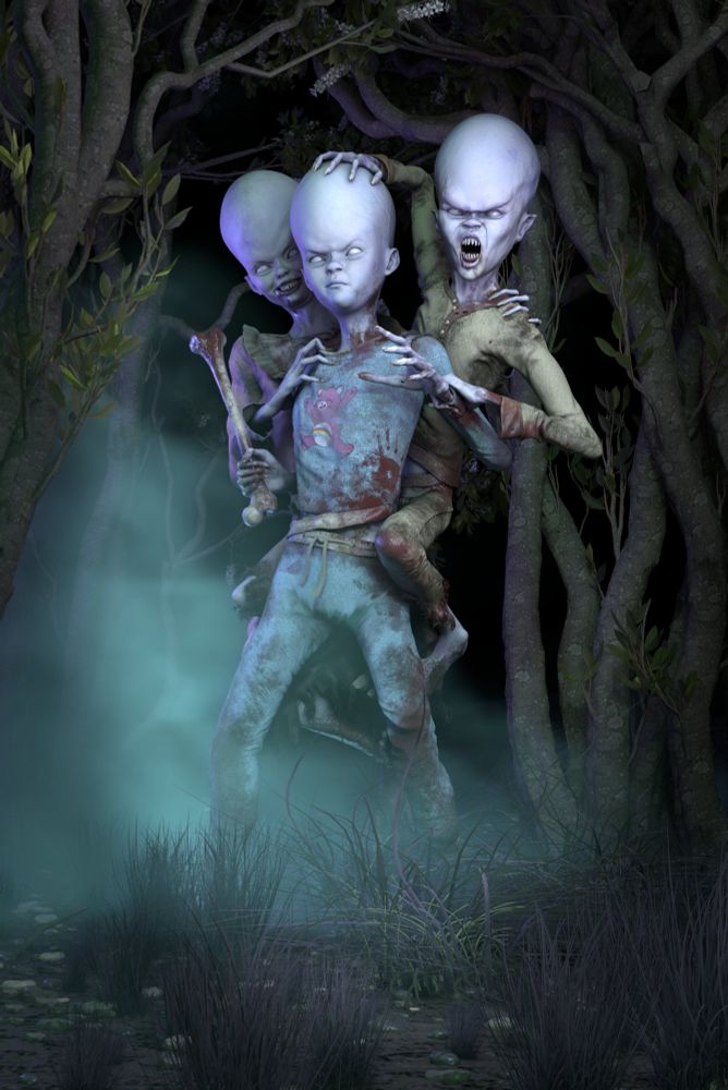 A 3d rendering of 3 melon head children in the woods