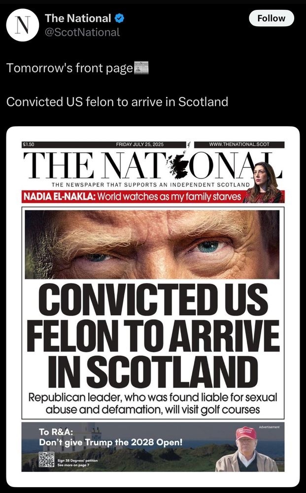 Image shows the National Newspaper with a picture of Donald Trump's eyes and the headline "Convicted US felon to arrive in Scotland. 