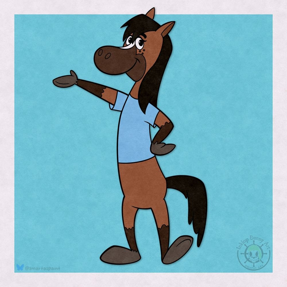 Retro-style cartoon drawing of a female anthropomorphic racehorse waving at the viewer. She is brown with black hair and is wearing a blue shirt.