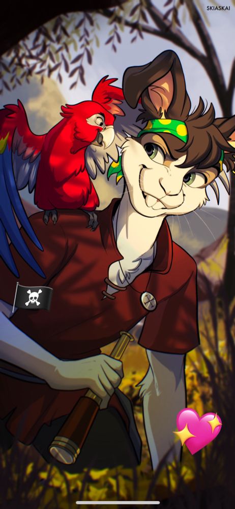 digital illustration of a female cartoon rabbit pirate with her pet Scarlet Macaw parrot. 