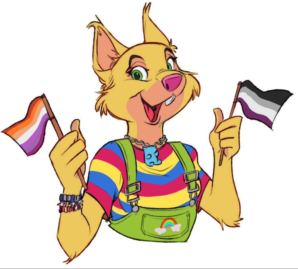 digital sketch of a female yellow squirrel holding two Pride flags.