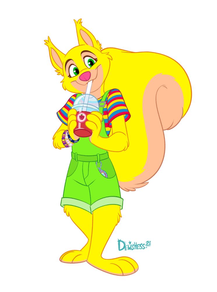 Drawing of a female, yellow cartoon squirrel wearing green dungarees and drinking a slushie.