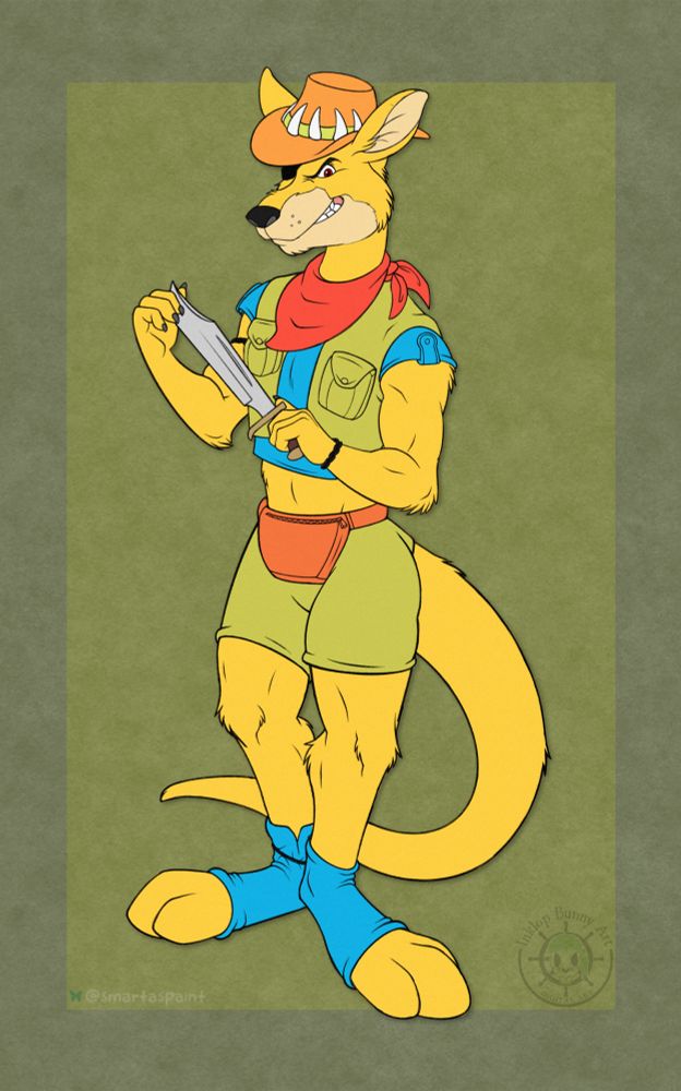 Digital drawing of a buff male kangaroo character dressed in stereotypical Australian swagman clothing ala Crocodile Dundee. From Teenage Mutant Ninja Turtles series.