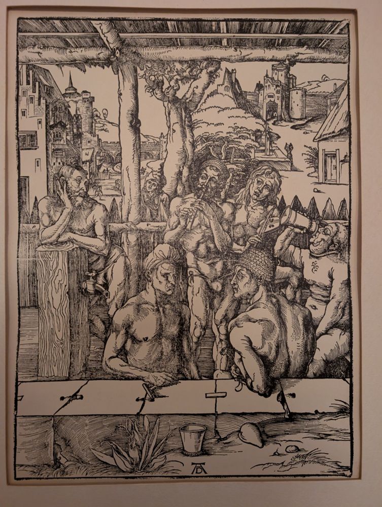 Albrecht Durer, the male bathers. A woodcut of some nude men, in a sort of bath. Six figures at least. 