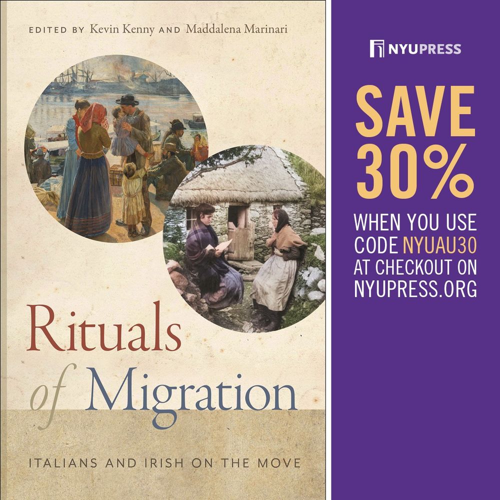 Book cover showing an Italian family preparing to leave and an Irish family reading an emigrant letter, with a 30 percent discount code: NYUAU30