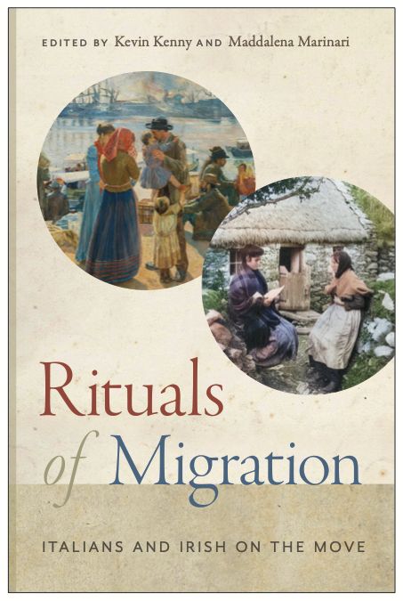 The cover of the latest bokk on the Glucksman Irish Diaspora Series, "Rituals of Migration: Italians and Irish on the Move," edited by Kevin Kenny and Maddalena Marinari, showing an image of an Italian family preparing to depart and and Irish family reading a letter from America. 