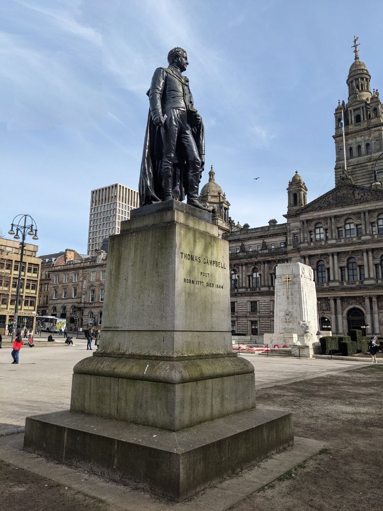 Thomas Campbell, Poet, statue in George Square with City Chambers and War memorial behind