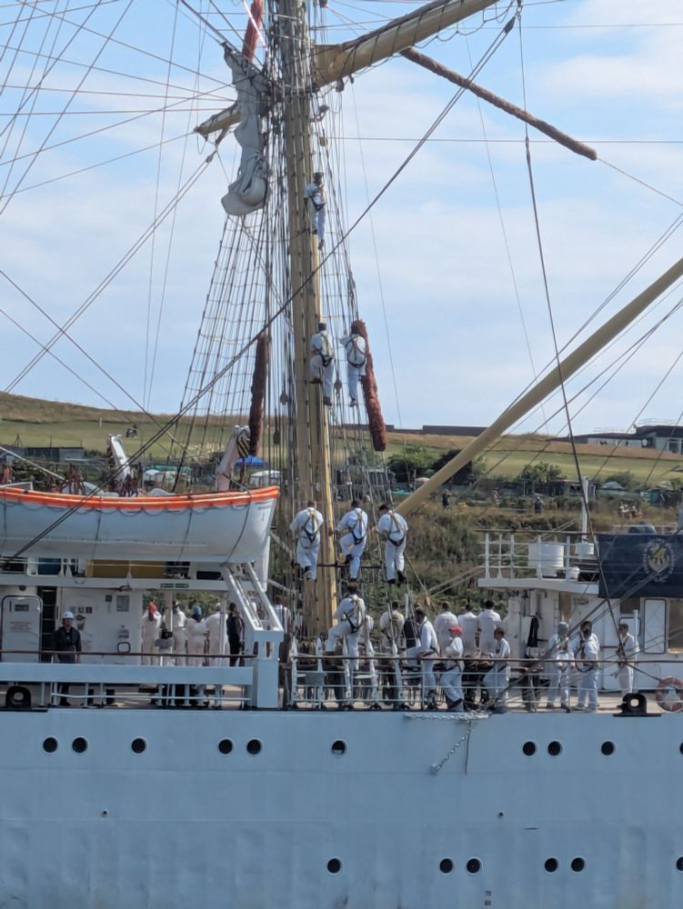 The sailors climb the rigging on Dar Młodzieży