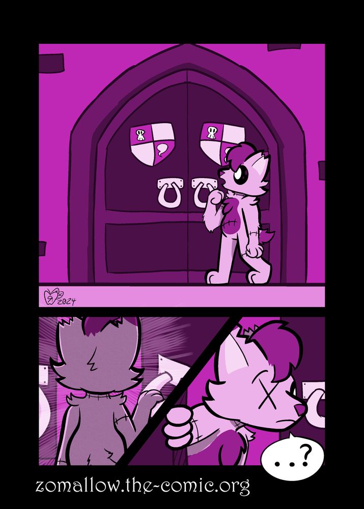 A three panel comic. Milo (the cat) approaches a huge door and stares at it in awe. They then open it and peak inside with a curious look.