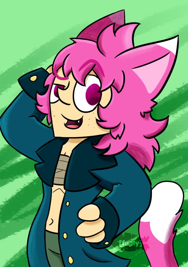 A textless still image of Yevgeny (the pink haired cat boy) standing all smug